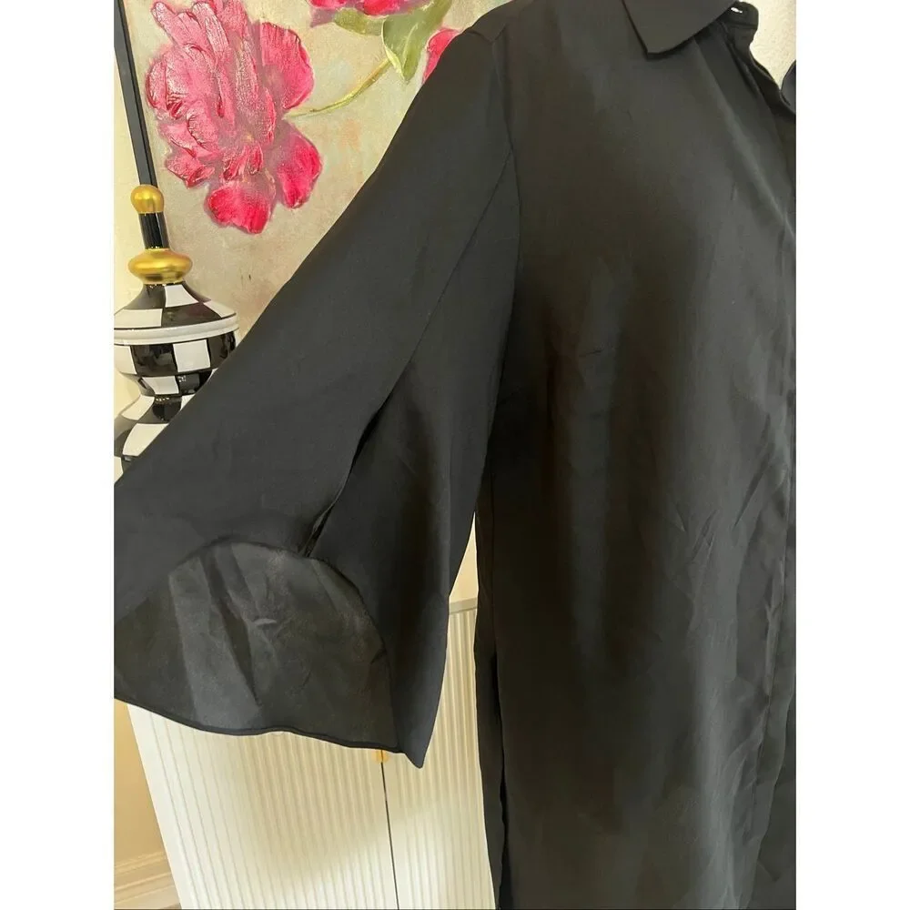 H by Halston Women's Bell Sleeve Sheer Hidden Button Shirt Dress Black Sz Medium